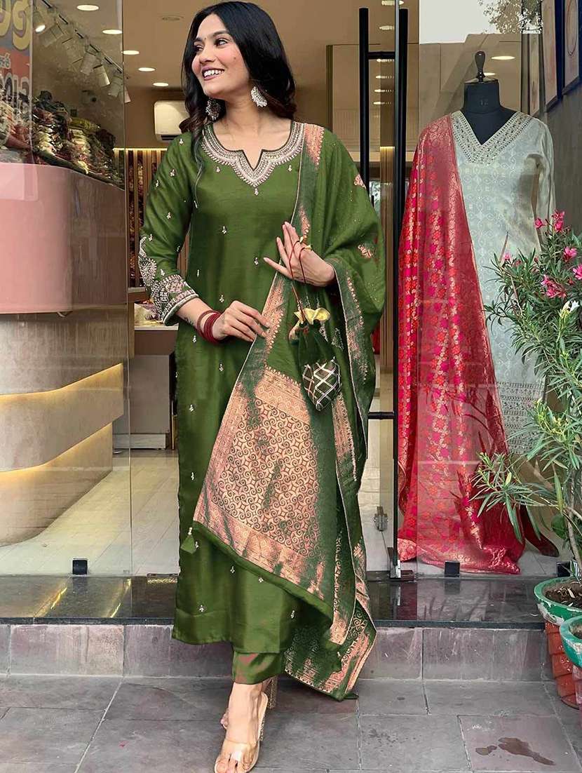 women three quarter sleeve kurta pant with dupatta set
