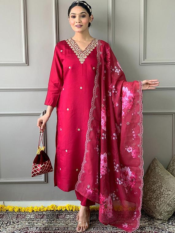 women three quarter sleeve kurta pant with dupatta set - 21954188 - Zoom Image - 0