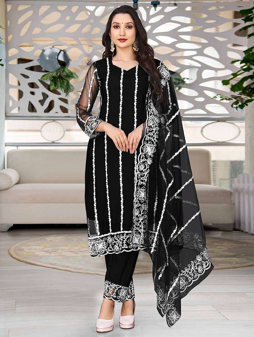 women embroidered long sleeve kurta pant with dupatta set