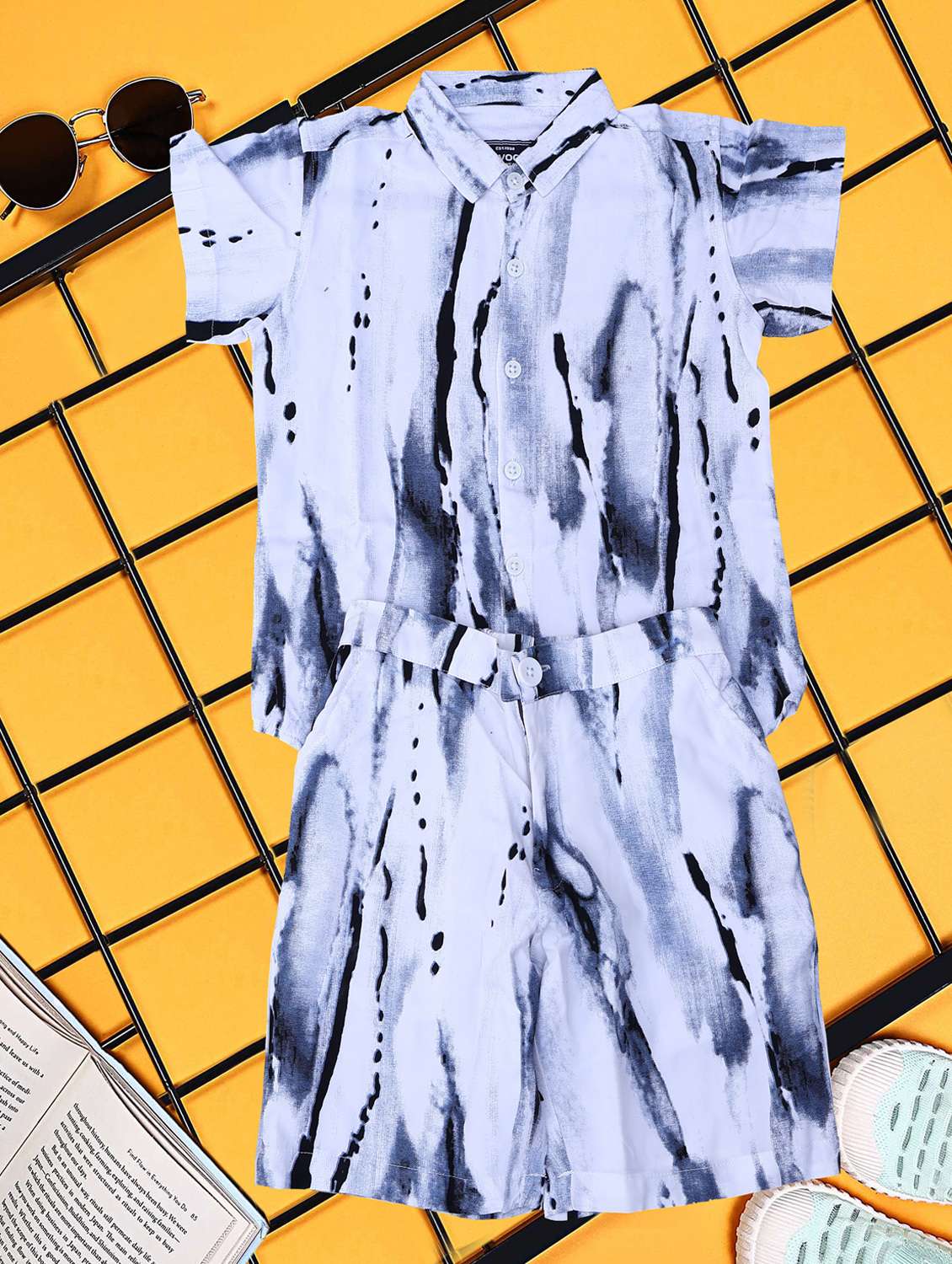 boys white printed shirt and shorts co-ord set