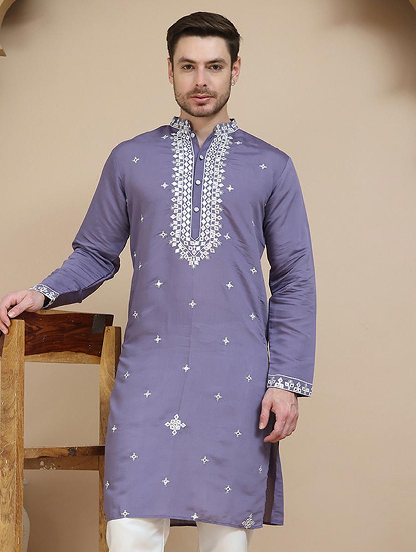 men embroidered mandarin neck long kurta