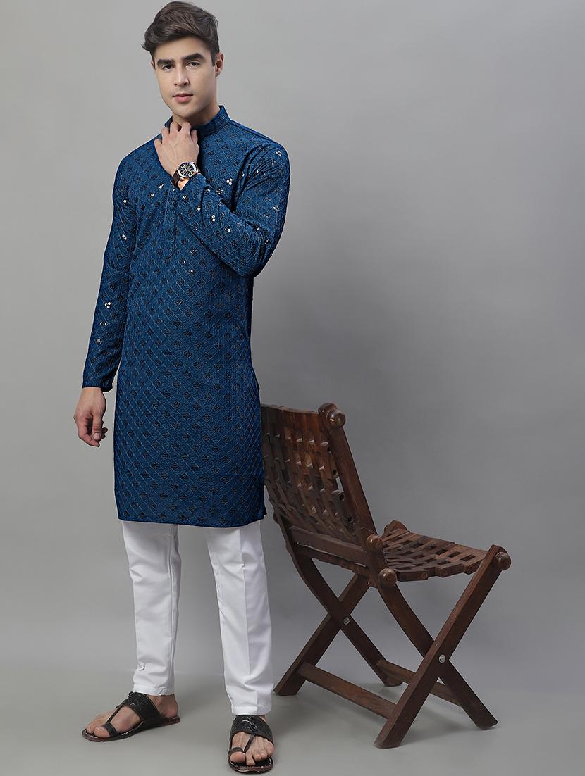 men embroidered mandarin neck long kurta - 21954334 - Standard Image - 3