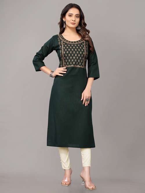 women solid with work three quarter sleeve straight kurta  - 21954335 -  Standard Image - 0