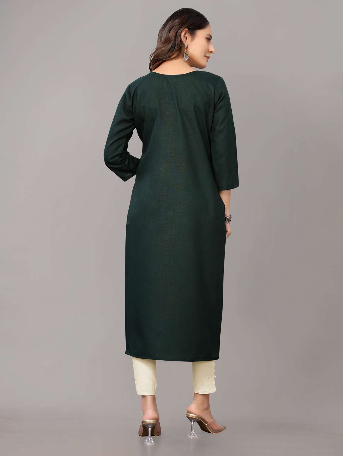 women solid with work three quarter sleeve straight kurta - 21954335 - Standard Image - 3