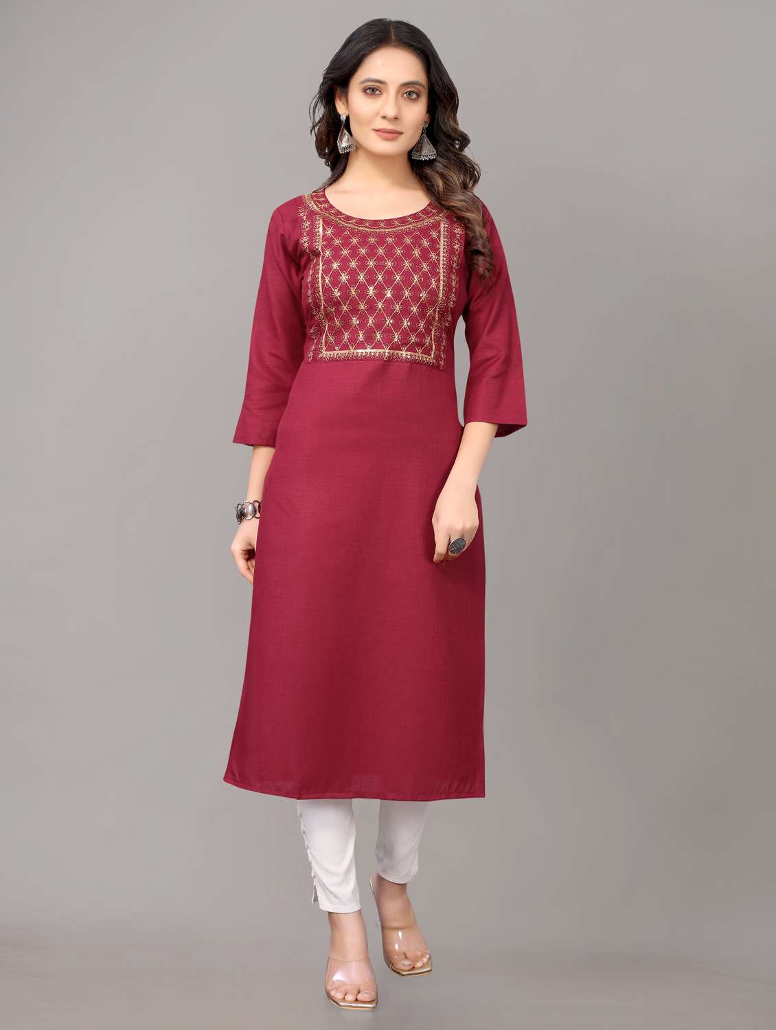 women solid with work three quarter sleeve straight kurta  - 21954336 -  Zoom Image - 0