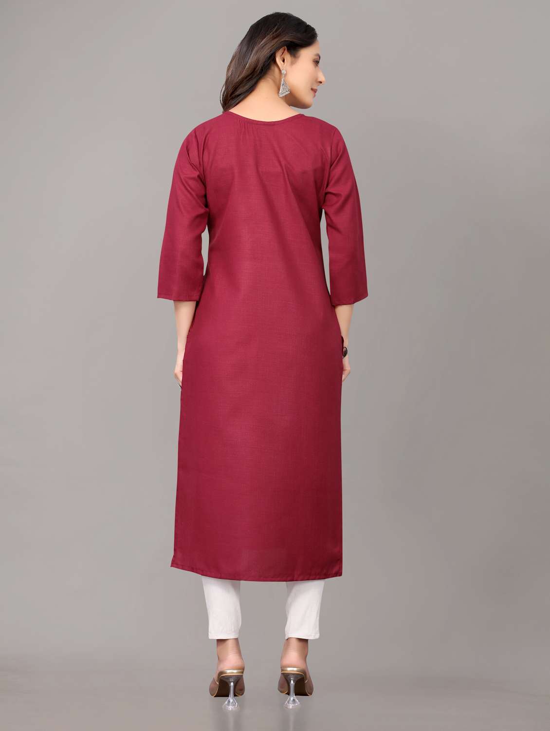 women solid with work three quarter sleeve straight kurta - 21954336 - Standard Image - 3