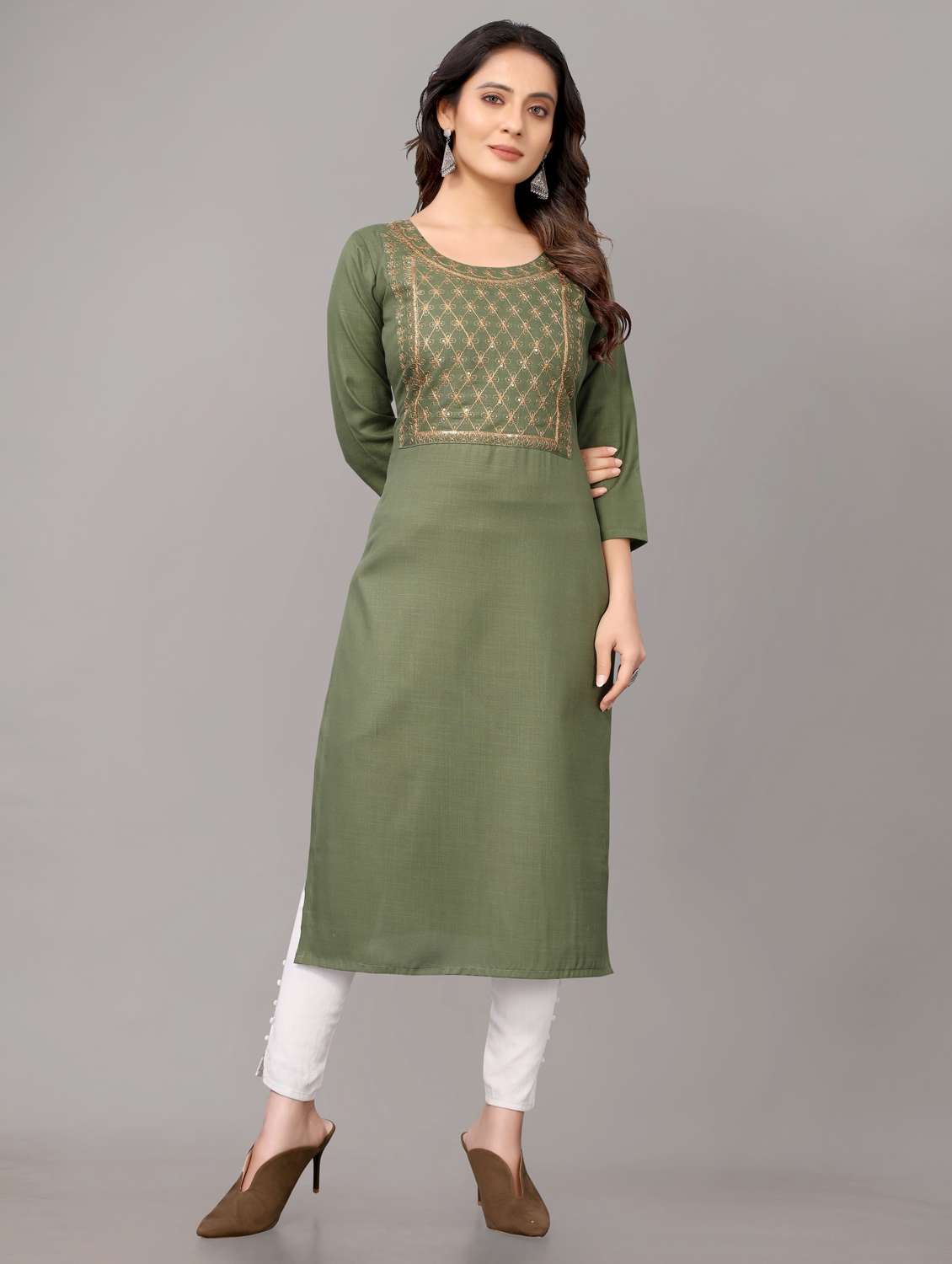 women solid with work three quarter sleeve straight kurta  - 21954338 -  Zoom Image - 0