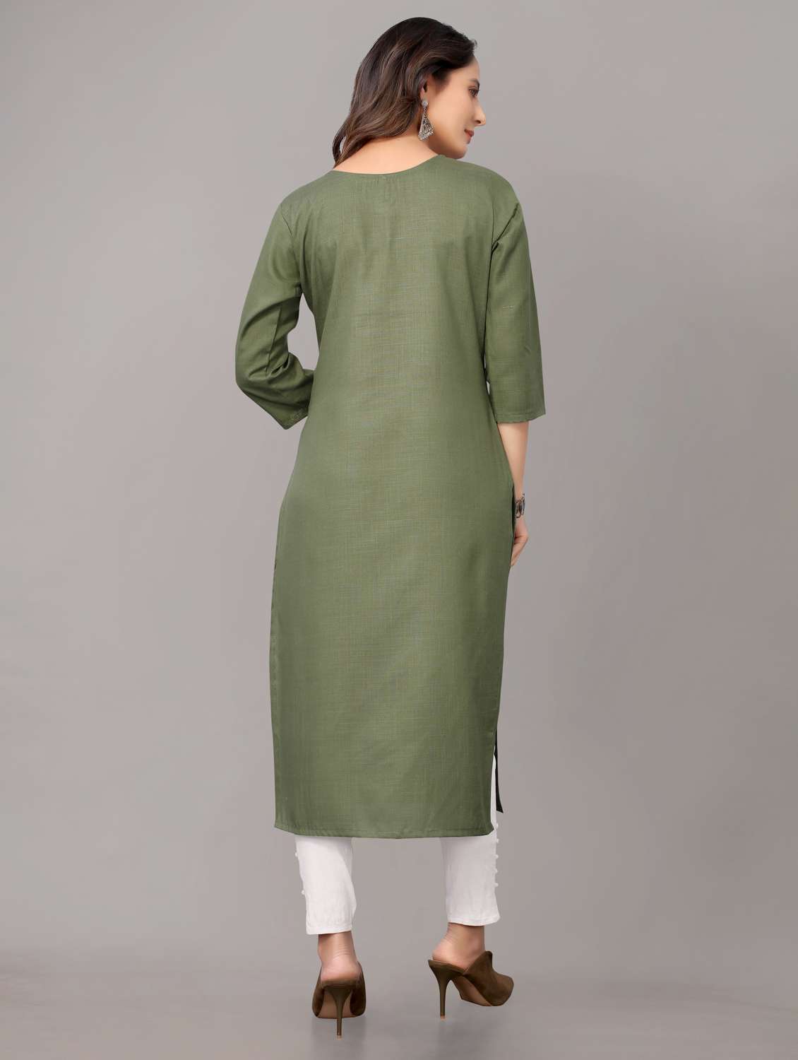 women solid with work three quarter sleeve straight kurta - 21954338 - Standard Image - 3