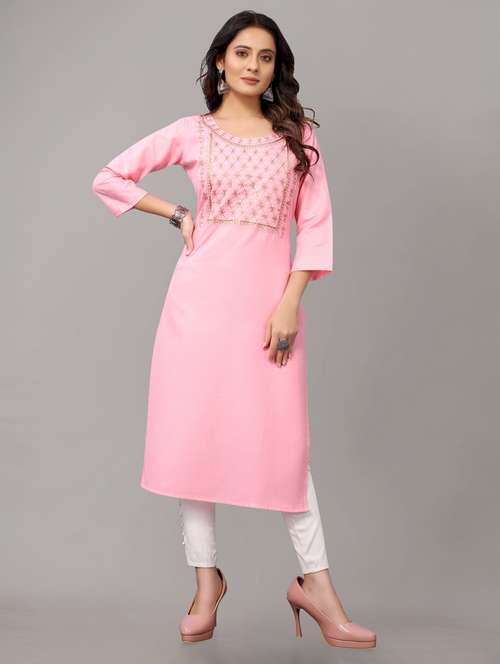 women solid with work three quarter sleeve straight kurta  - 21954339 -  Standard Image - 0