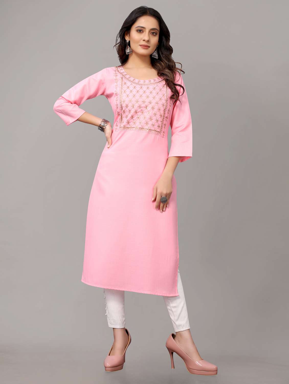 women solid with work three quarter sleeve straight kurta  - 21954339 -  Zoom Image - 0