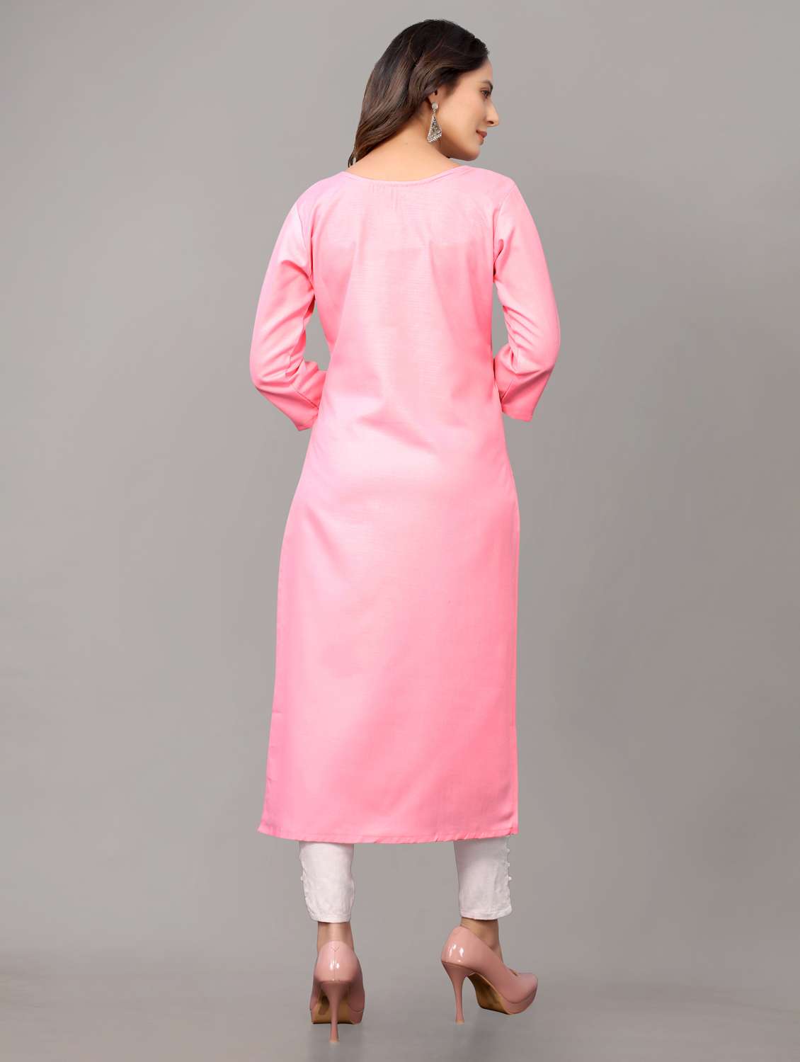 women solid with work three quarter sleeve straight kurta - 21954339 - Standard Image - 3