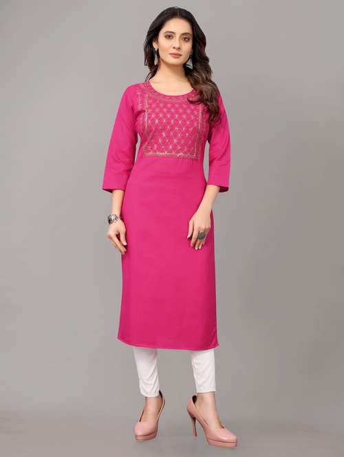 women solid with work three quarter sleeve straight kurta  - 21954340 -  Standard Image - 0