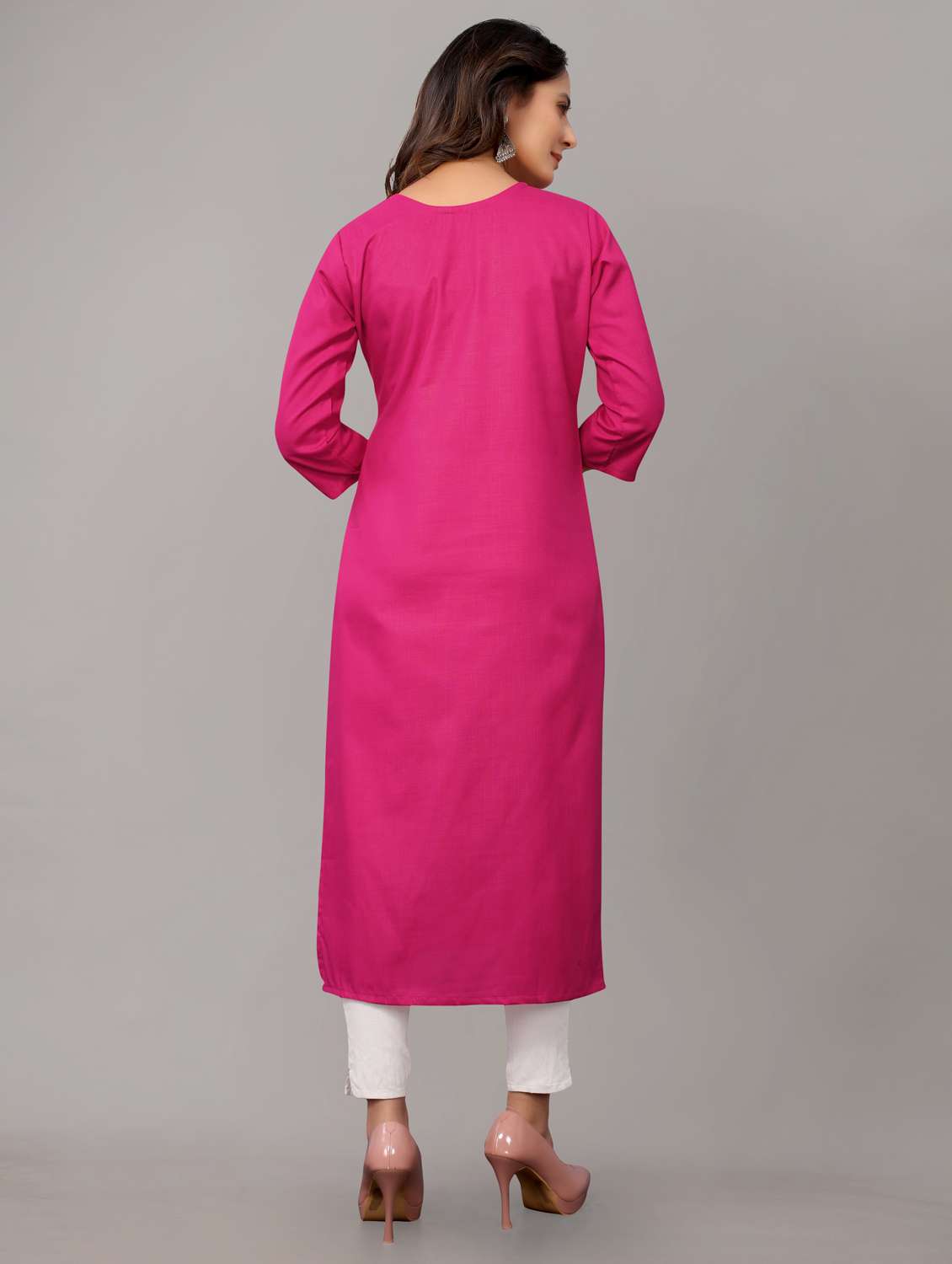 women solid with work three quarter sleeve straight kurta - 21954340 - Standard Image - 3