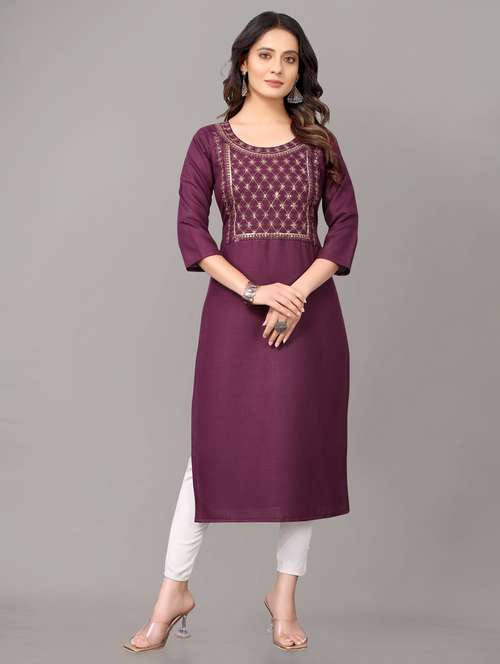women solid with work three quarter sleeve straight kurta  - 21954341 -  Standard Image - 0
