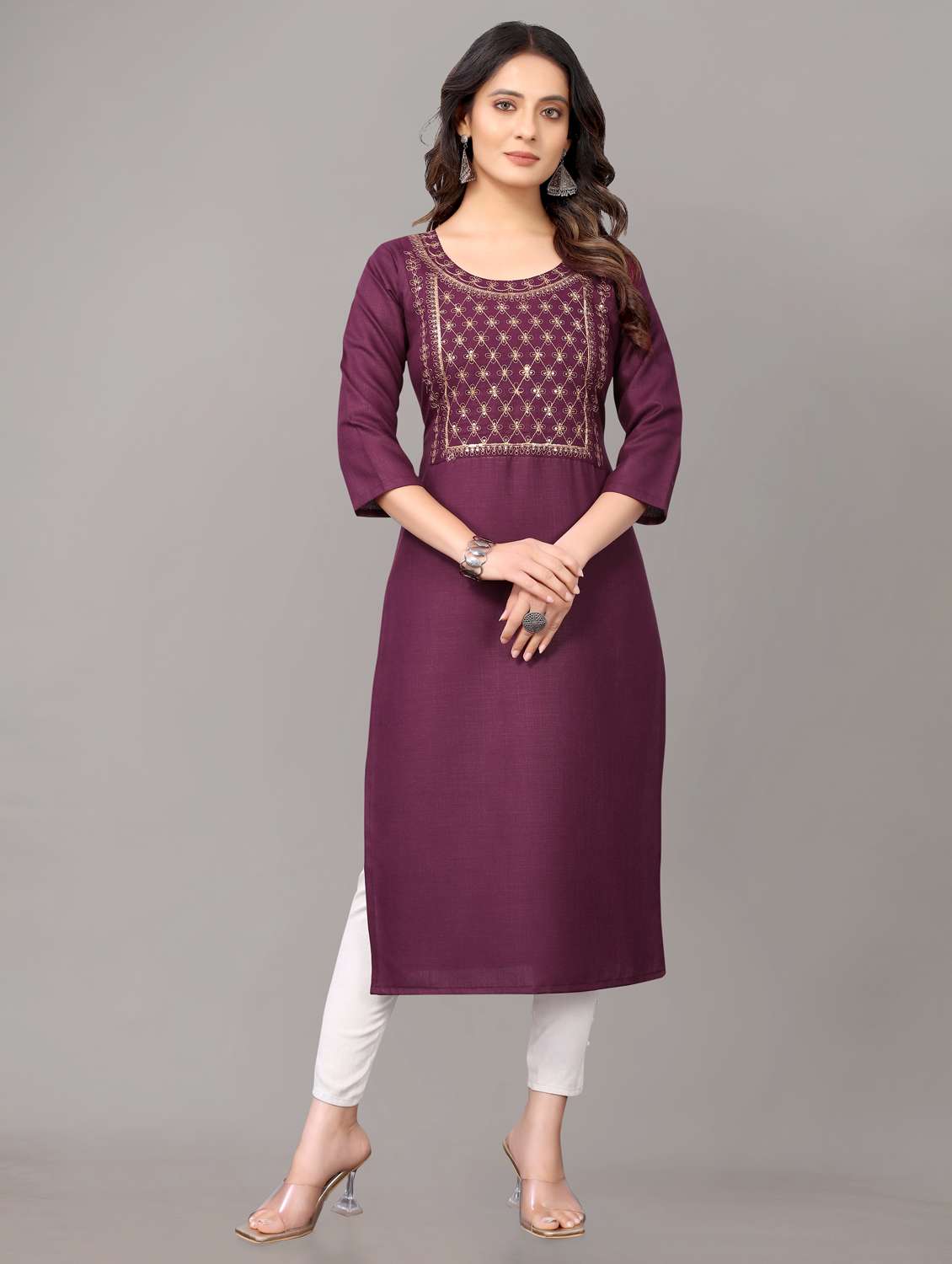 women solid with work three quarter sleeve straight kurta 