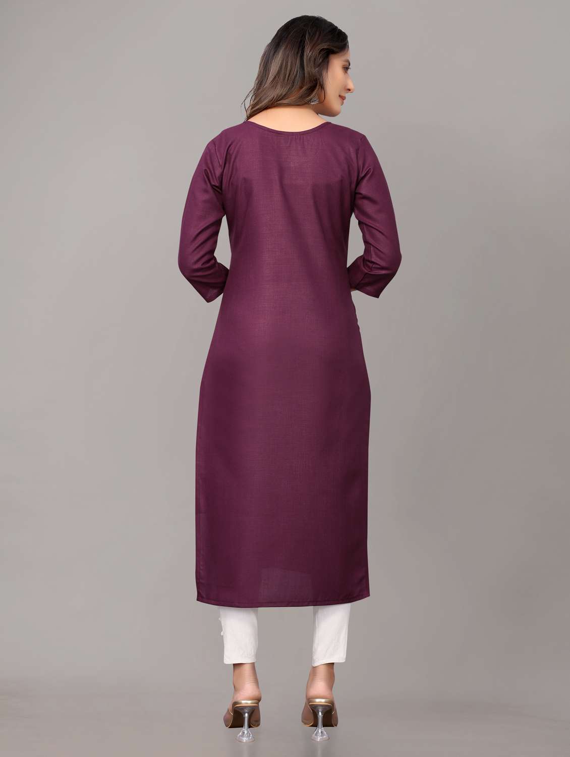 women solid with work three quarter sleeve straight kurta - 21954341 - Standard Image - 3