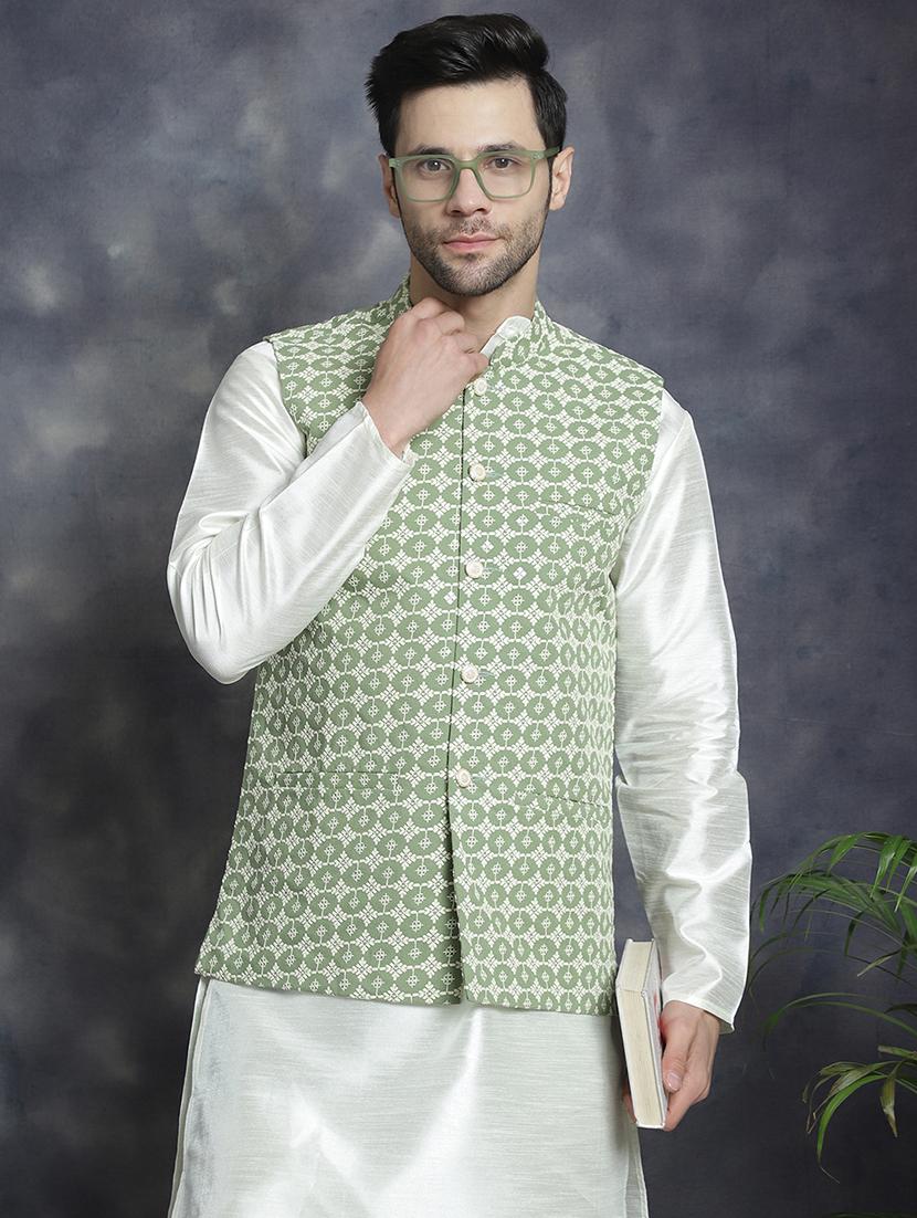 men mandarin neck kurta pyjama with jacket ethnic wear set - 21954428 - Zoom Image - 0