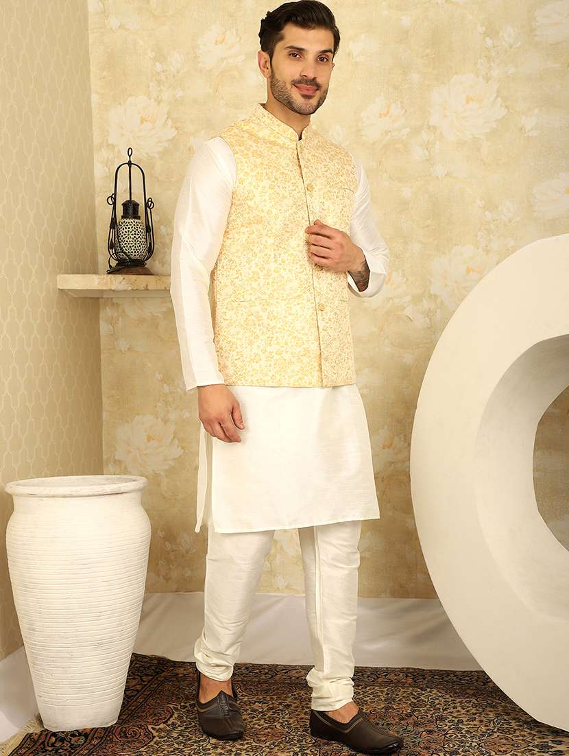 men mandarin neck kurta pyjama with jacket ethnic wear set