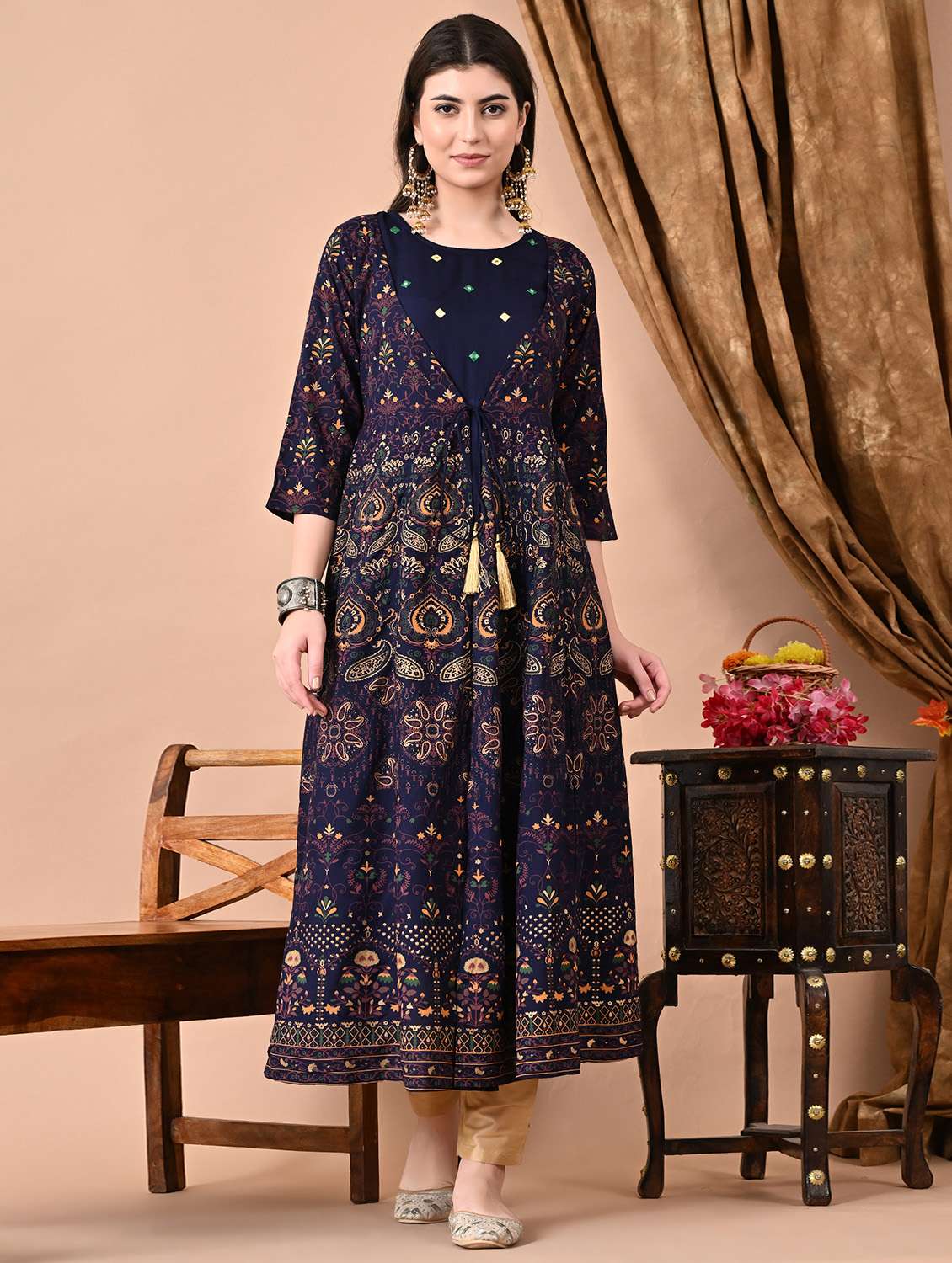 women three quarter sleeve a-line ethnic dress