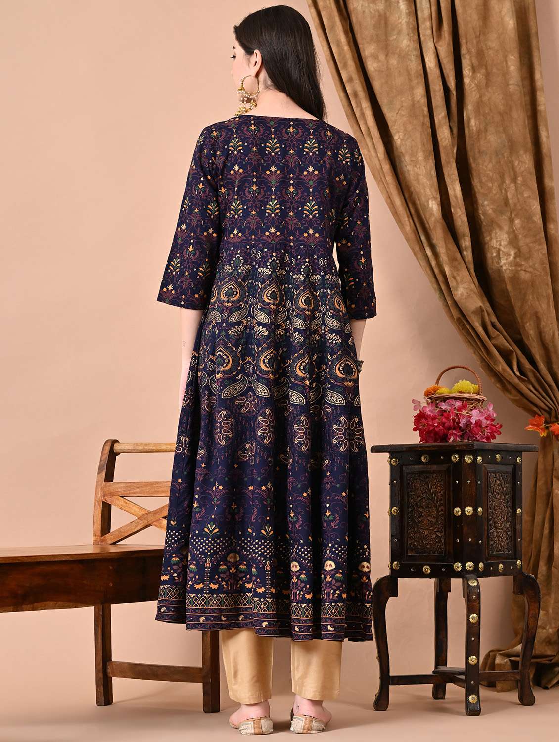 women three quarter sleeve a-line ethnic dress - 21954449 - Standard Image - 3