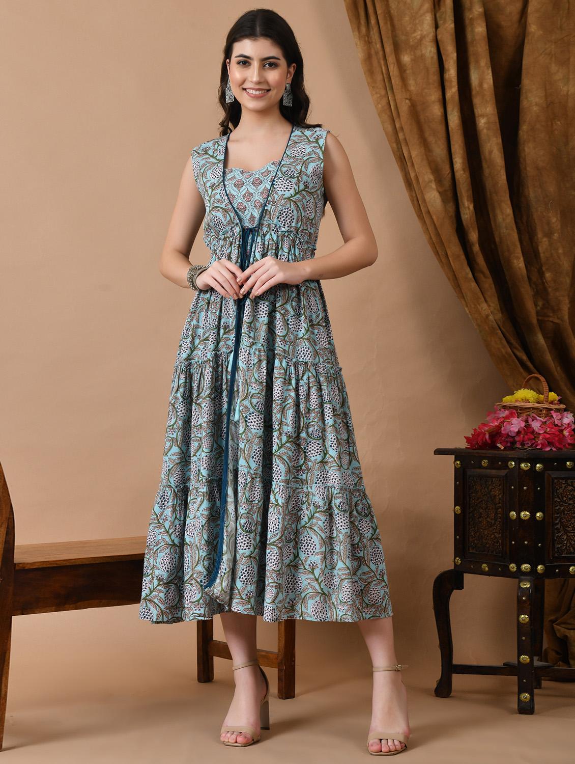 women light blue printed sleeveless tiered ethnic dress - 21954450 -  Zoom Image - 0