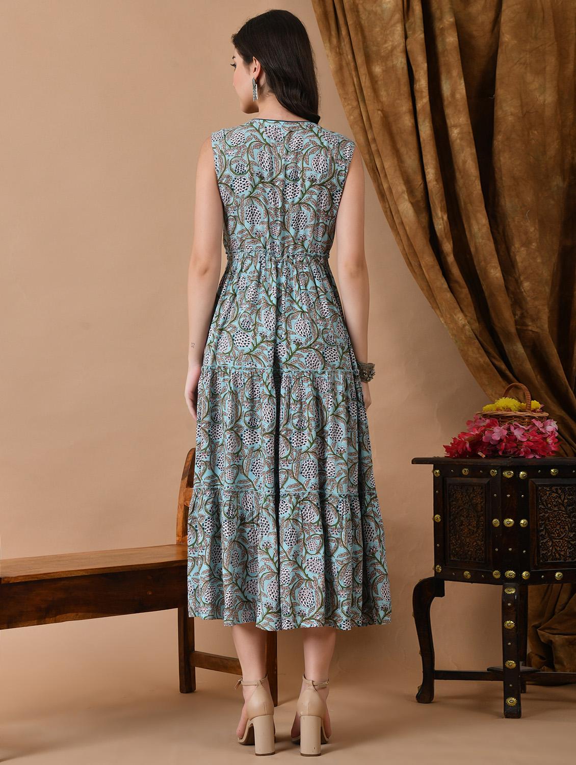 women light blue printed sleeveless tiered ethnic dress - 21954450 - Standard Image - 3