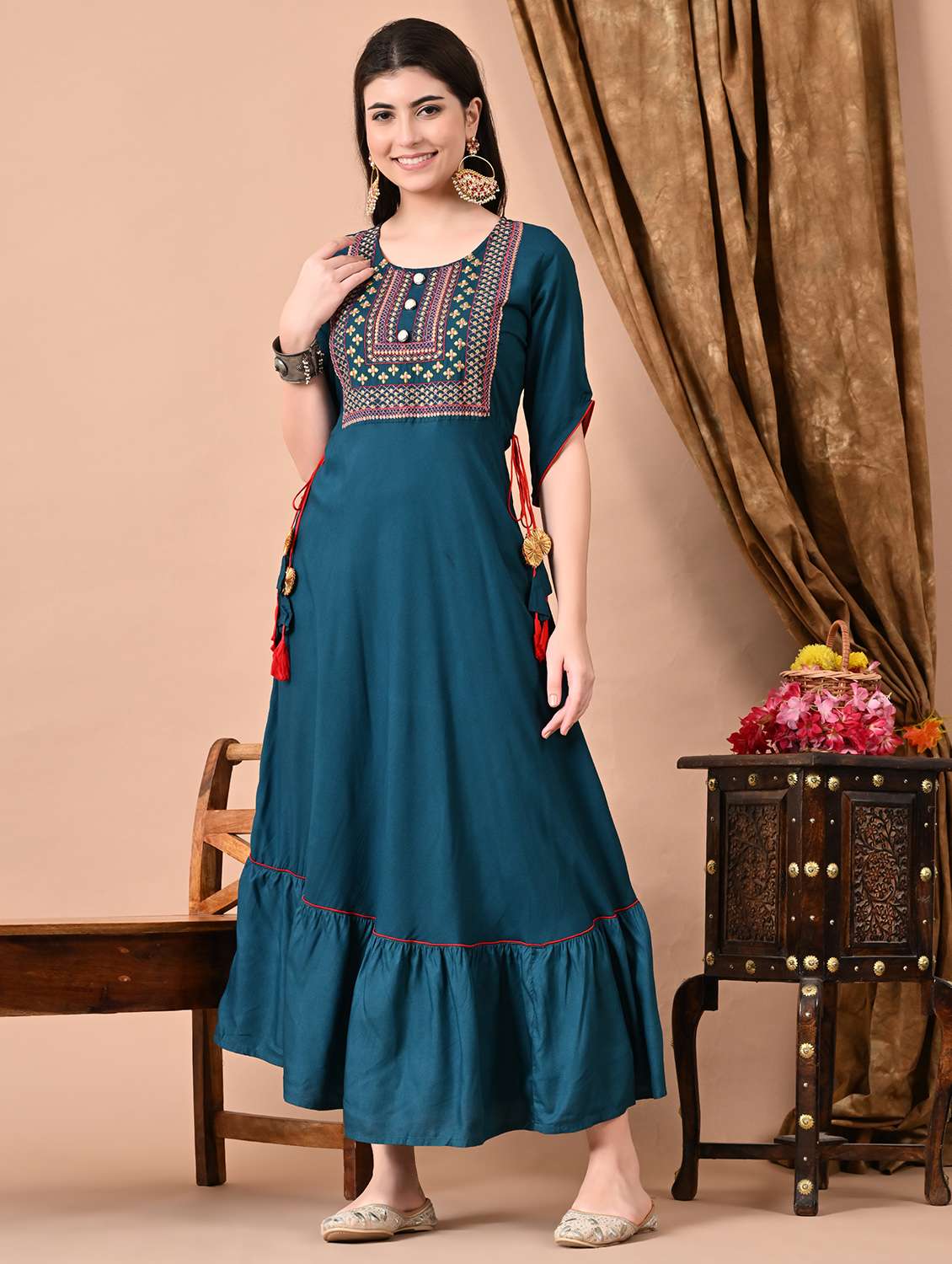 women embroidered round neck tiered ethnic dress