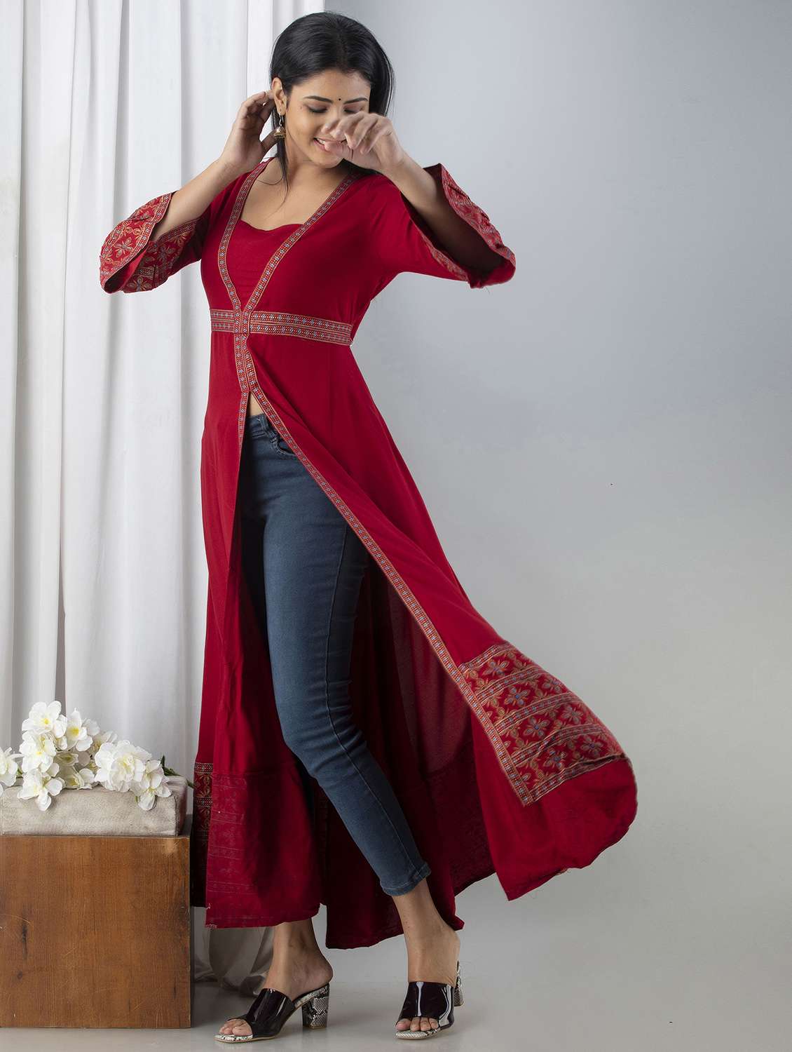 women three quarter sleeve flared ethnic dress