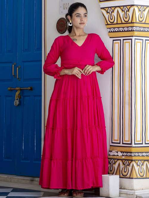 women pink solid long sleeve tiered dress - 21954469 -  Standard Image - 0