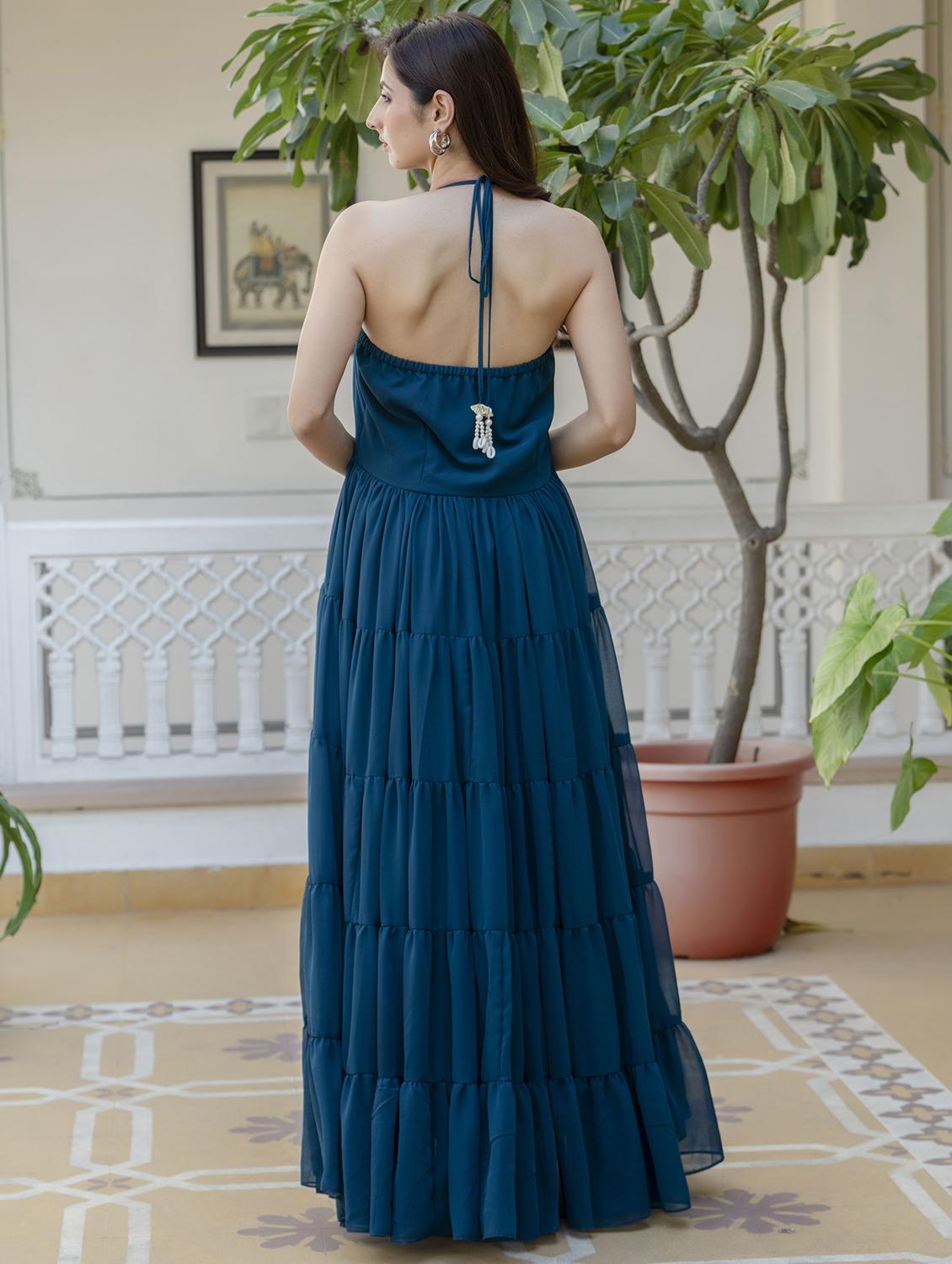 women teal solid halter neck tiered dress - 21954471 - Standard Image - 3
