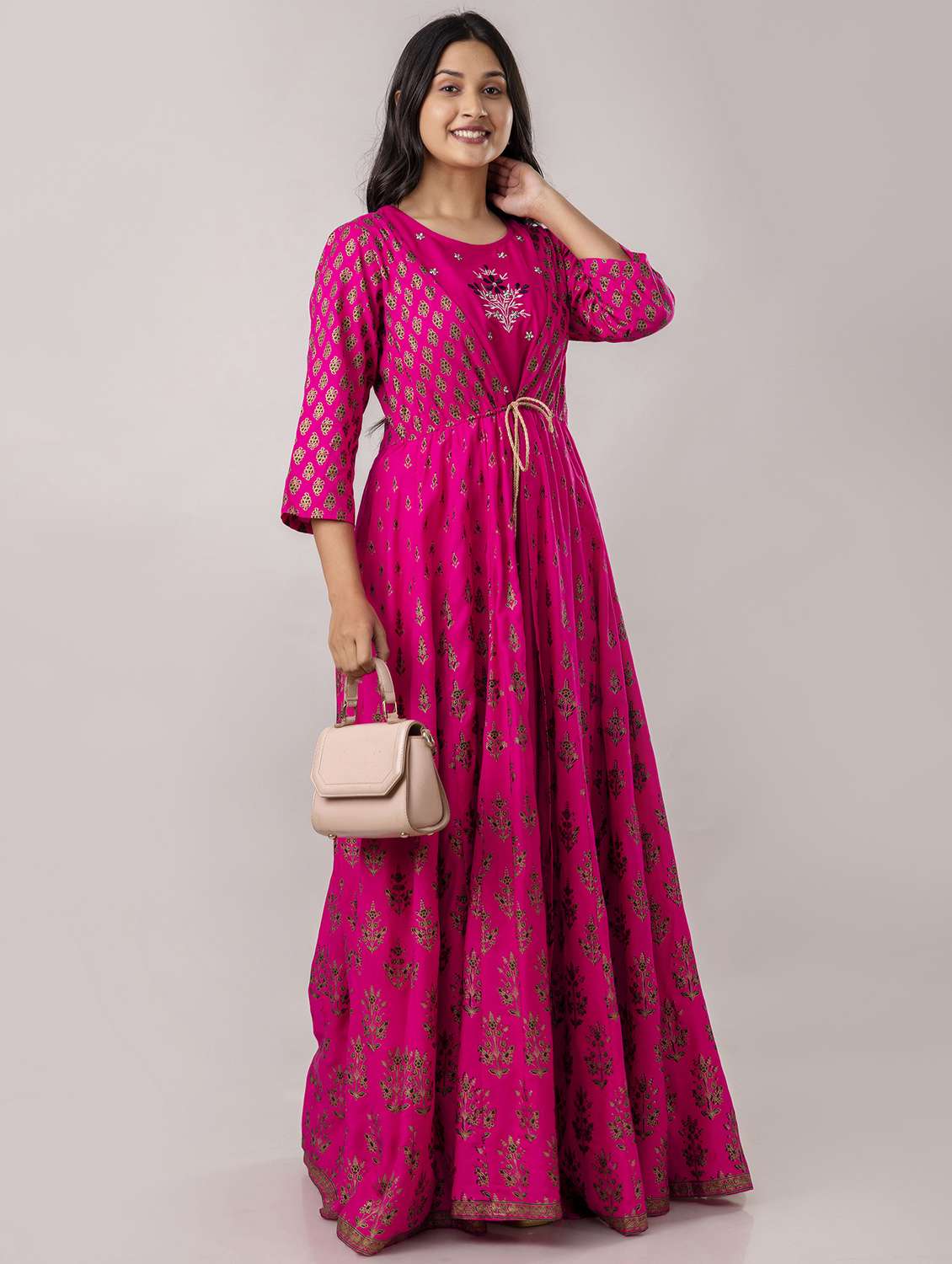 women three quarter sleeve flared ethnic dress