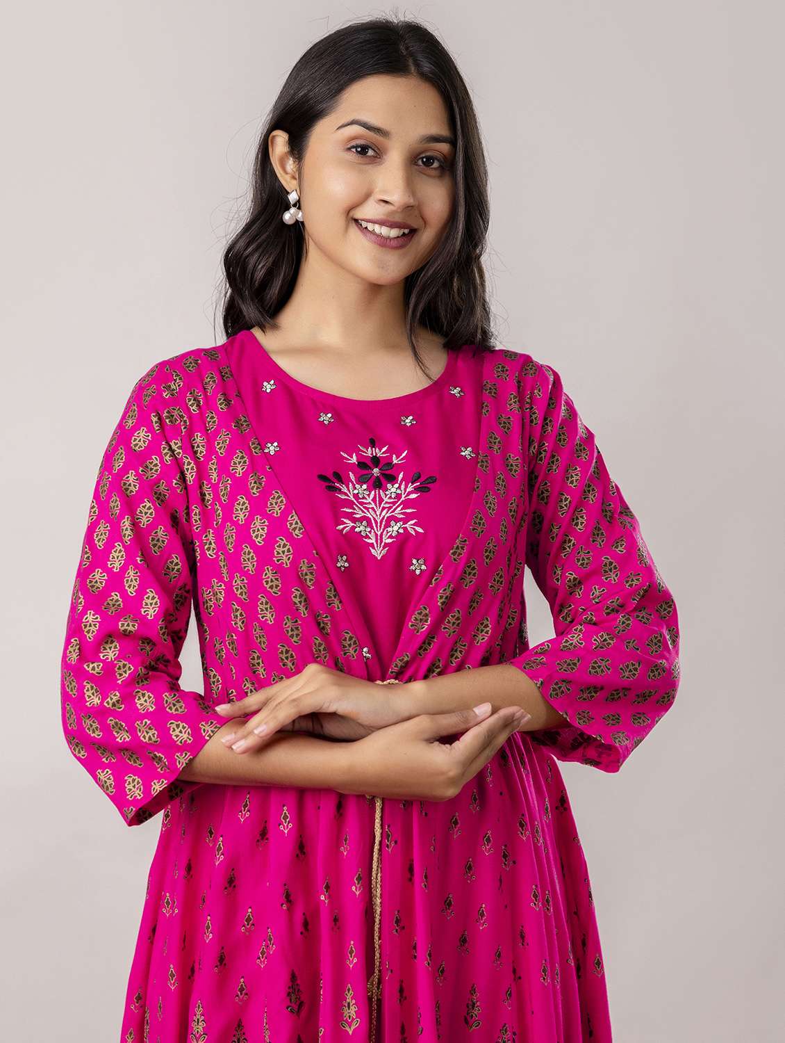 women three quarter sleeve flared ethnic dress - 21954473 - Standard Image - 3