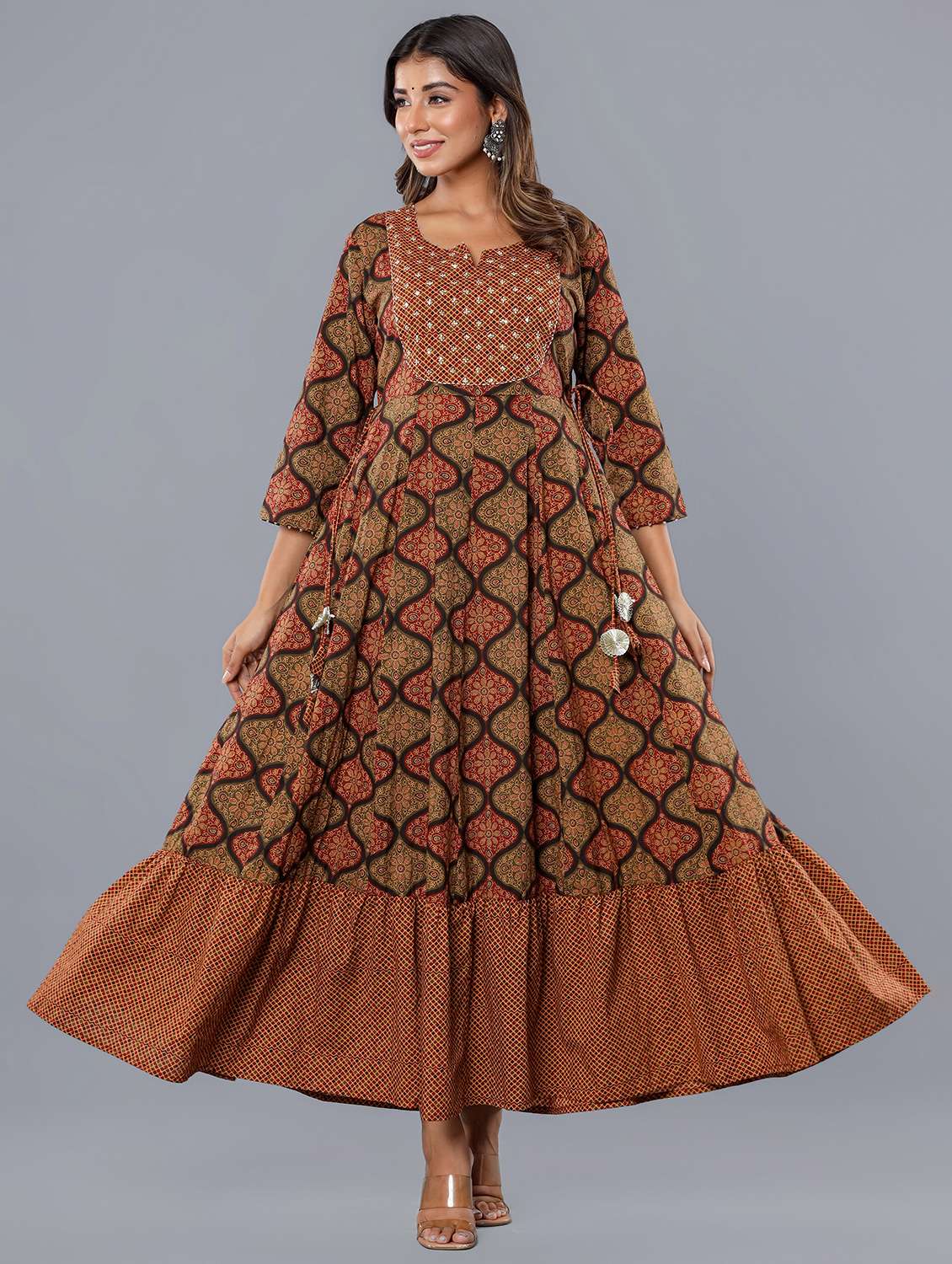 women three quarter sleeve tiered ethnic dress