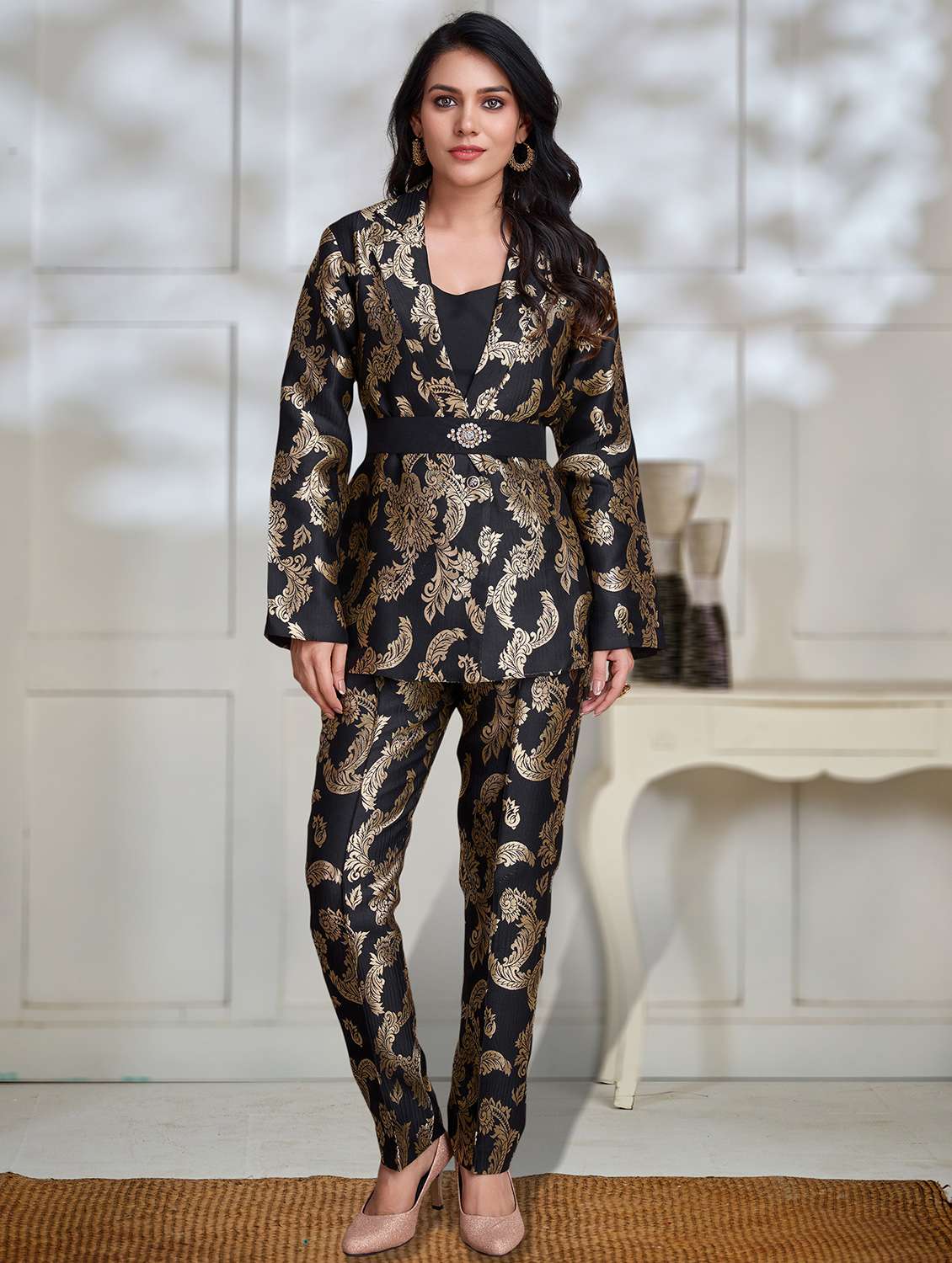 women brocade blazer and trouser co-ord set - 21954599 -  Zoom Image - 0