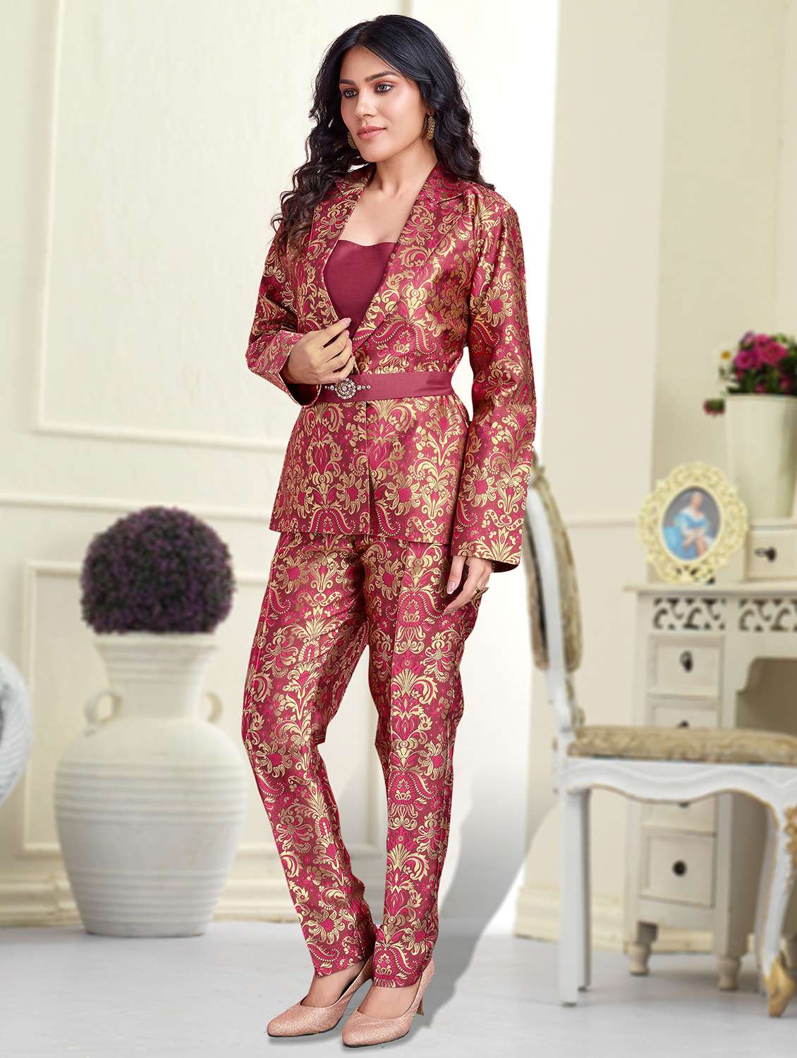 women brocade blazer and trouser co-ord set - 21954600 -  Standard Image - 3