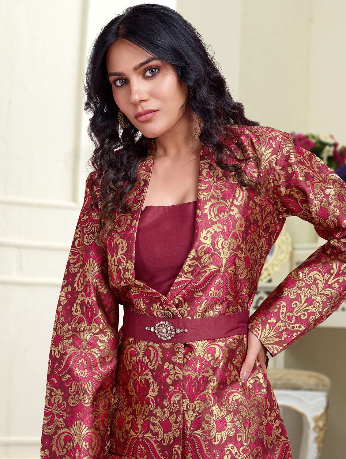 women brocade blazer and trouser co-ord set - 21954600 -  Standard Image - 5