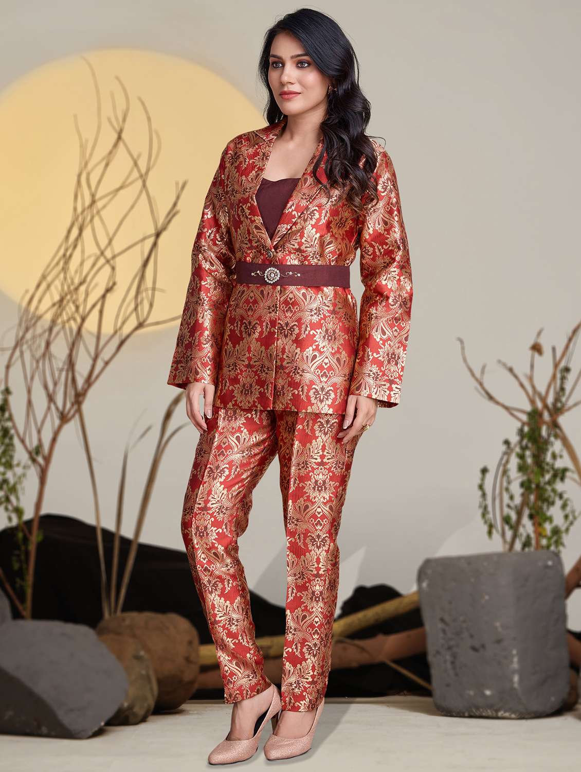women brocade blazer and trouser co-ord set - 21954601 -  Standard Image - 3