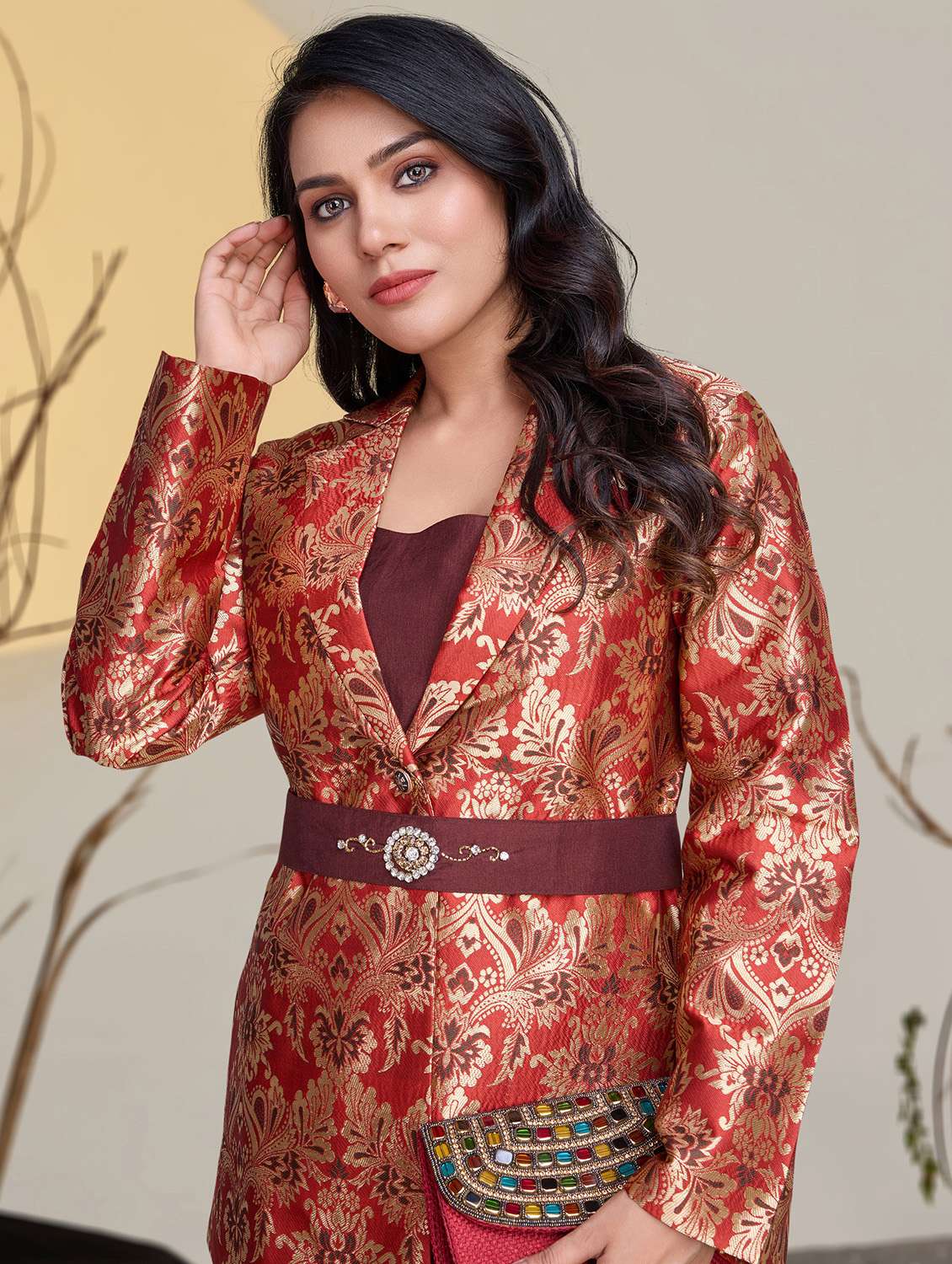 women brocade blazer and trouser co-ord set - 21954601 -  Standard Image - 5