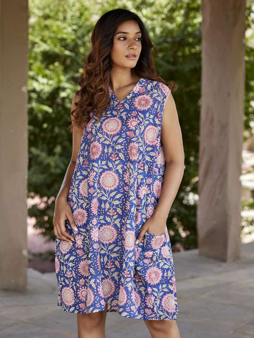 women floral printed sleeveless a-line ethnic dress