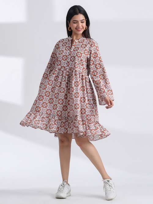 women printed long sleeve tiered ethnic dress - 21954642 - Standard Image - 0