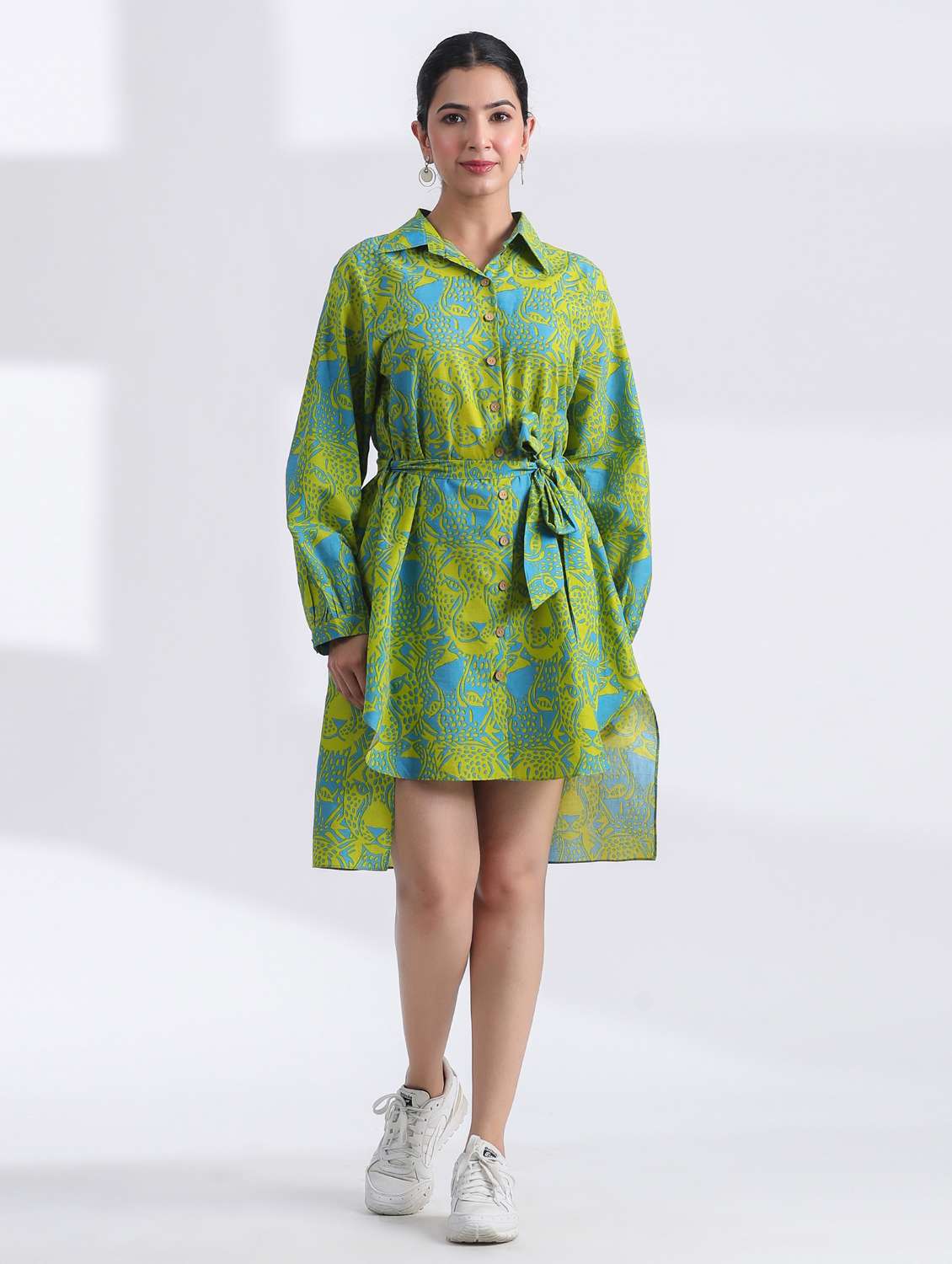 women printed long sleeve high low ethnic dress - 21954644 - Zoom Image - 0