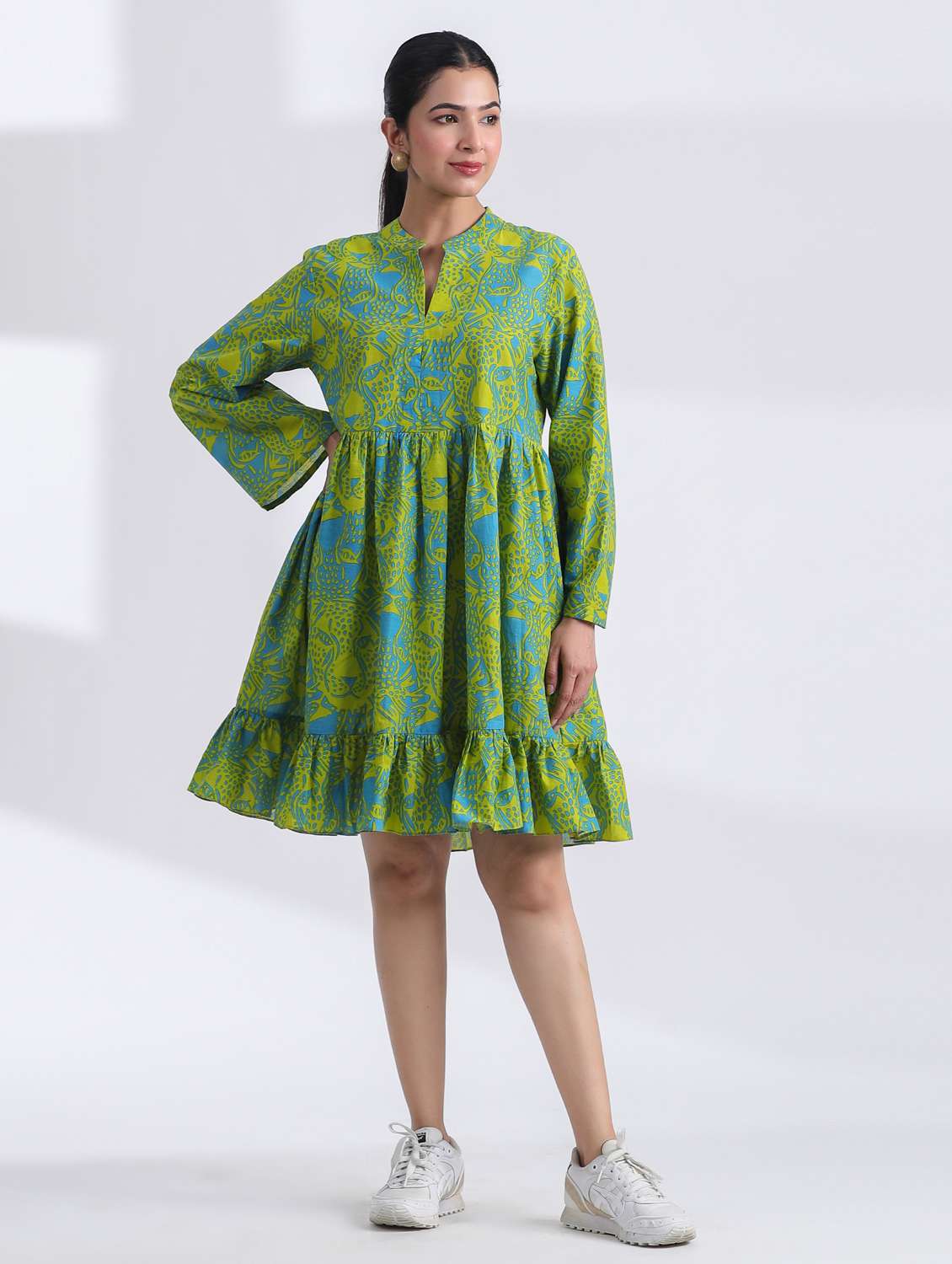 women printed long sleeve tiered ethnic dress - 21954645 - Zoom Image - 0