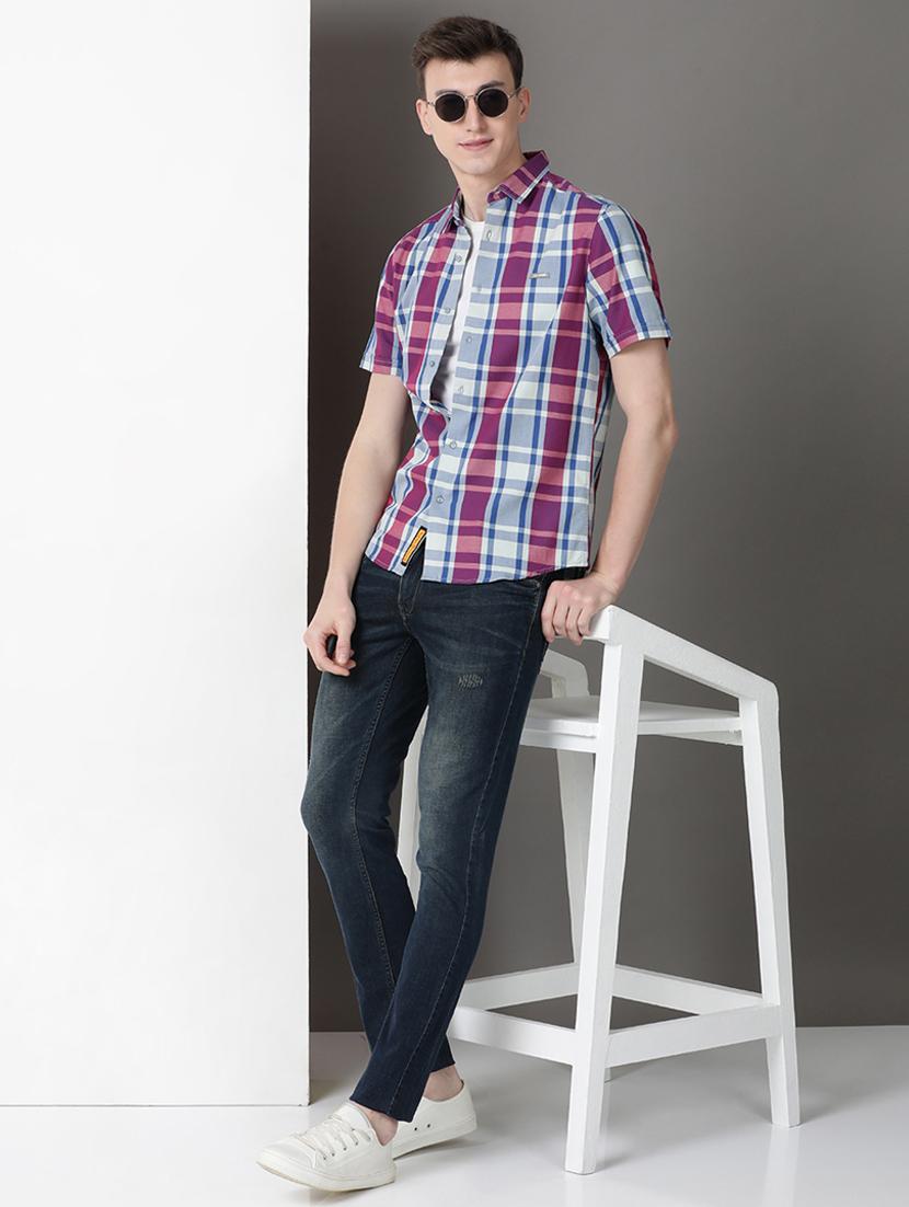 men checkered short sleeve regular fit casual shirt