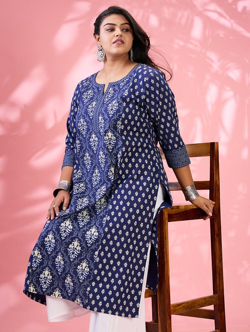 globus gloplus women blue round neck ethnic & floral print panelled straight plus size kurta - 21954878 - Standard Image - 3