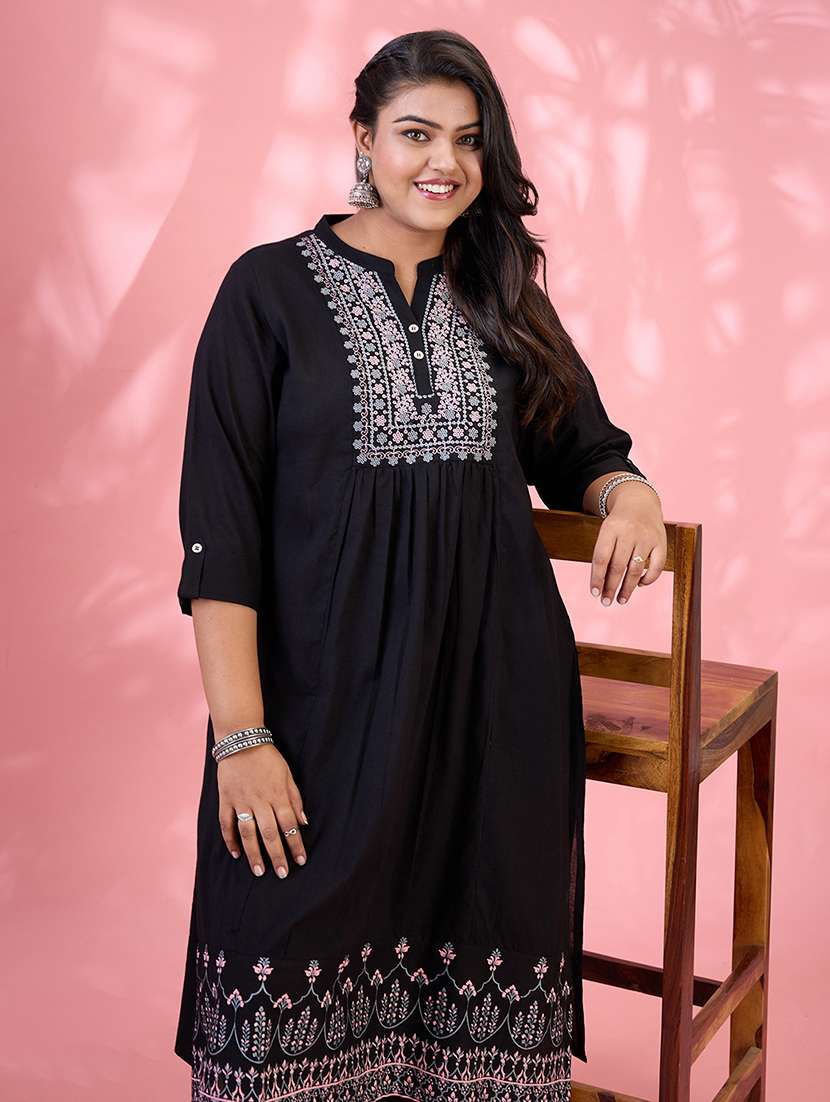 globus gloplus women black embroidered yoke mandarin collar roll up sleeves pleated plus size a-line kurta with pants set - 21954885 -  Standard Image - 3