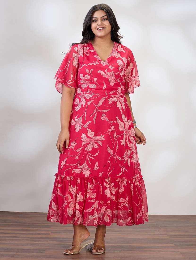 globus gloplus women pink v-neck flared sleeves floral print waist tie-up tiered flared hem plus size a-line maxi dress - 21954886 -  Zoom Image - 0