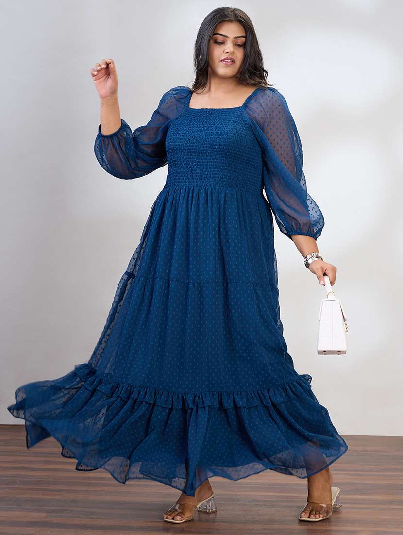 globus gloplus women blue square neck raglan sleeves self design smocked tiered plus size fit & flare maxi dress - 21954889 -  Zoom Image - 0