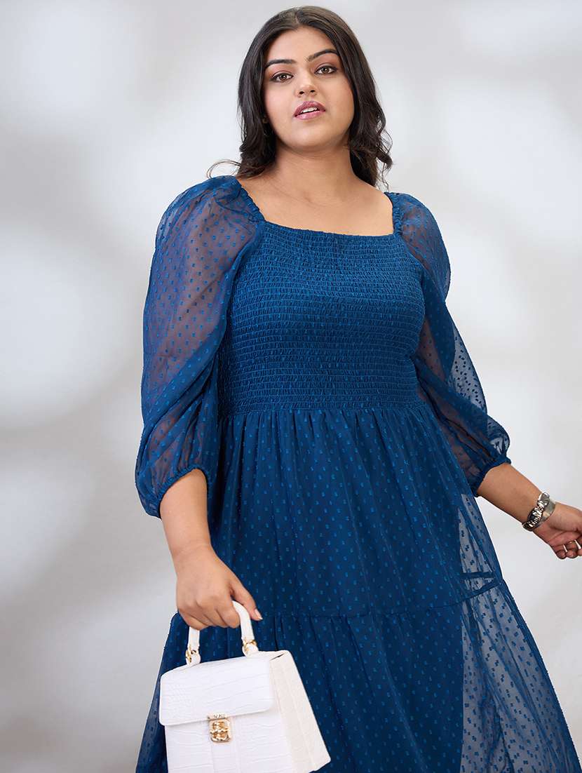 globus gloplus women blue square neck raglan sleeves self design smocked tiered plus size fit & flare maxi dress - 21954889 - Standard Image - 3