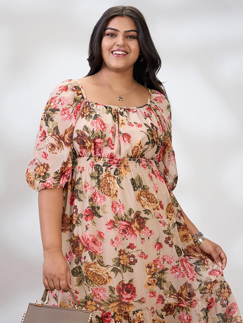 globus gloplus women beige square neck raglan sleeves floral print smocked tiered plus size fit & flare midi dress - 21954890 - Standard Image - 3