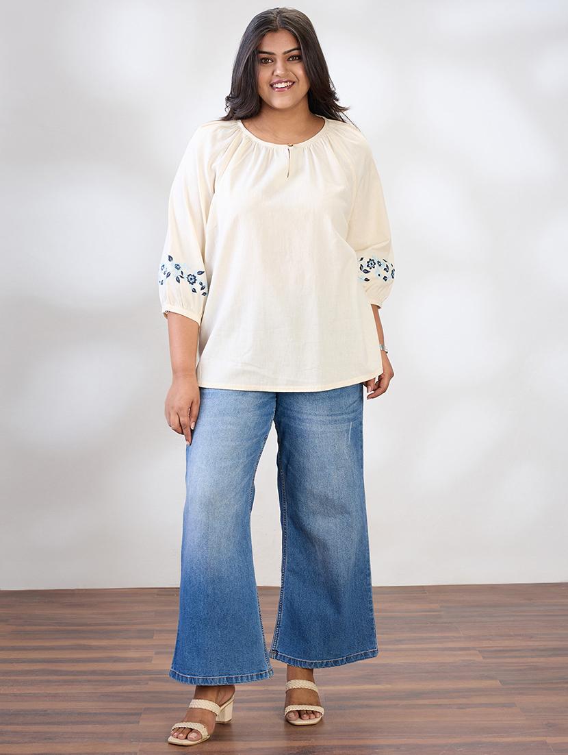 globus gloplus women white round keyhole neck embroidered raglan sleeves plus size workwear top - 21954894 - Standard Image - 3